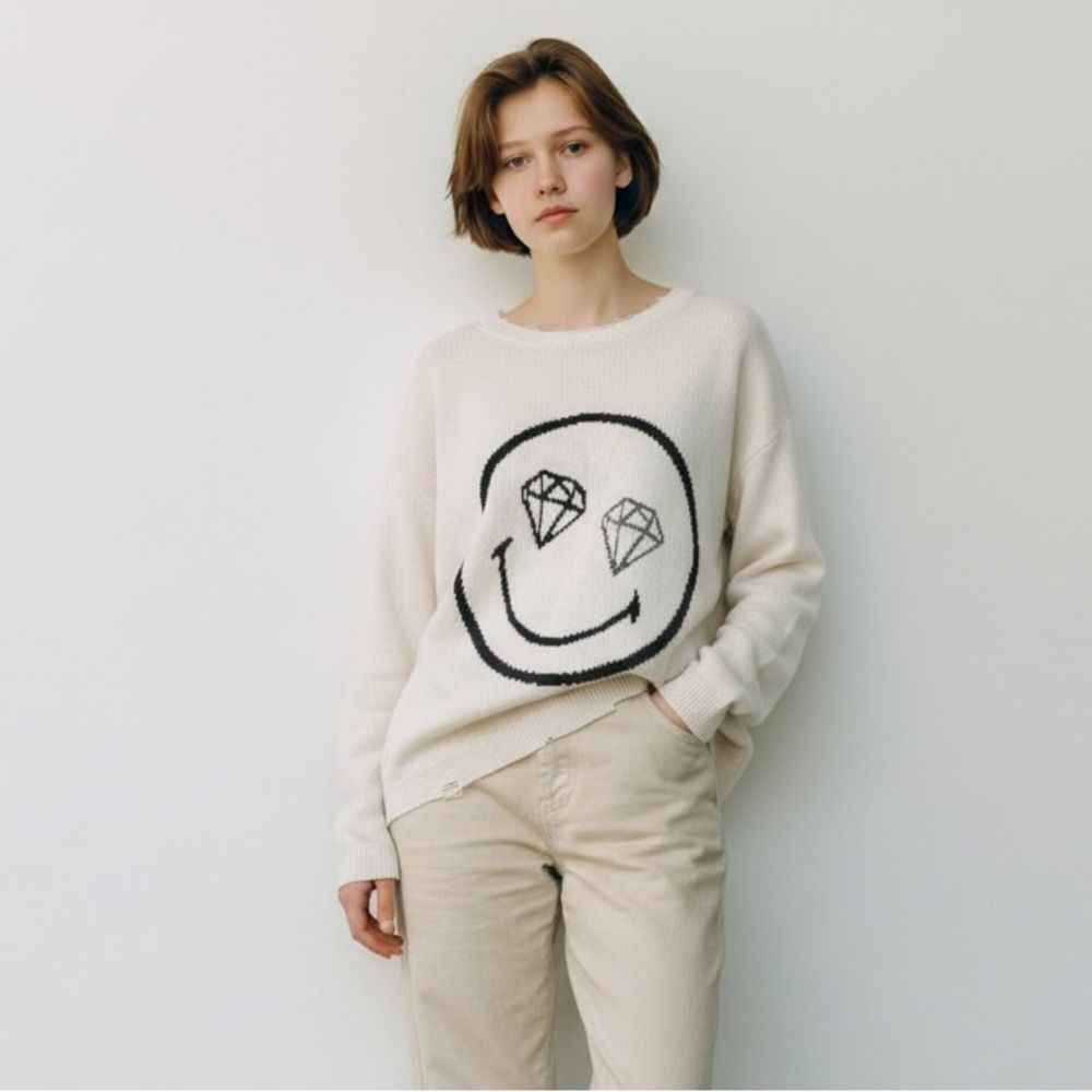 LOGO by Lori Goldstein Smiley World Face Distressed Sweater Diamond Eyes Large L